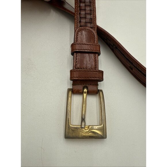 Cole Haan Brown Leather Belt Basket Weave Mens 32 Made USA 1" Brass Buckle - Picture 2 of 7